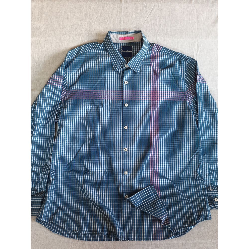 Tommy Bahama Mens 2XL Windowpane Plaid Button Shirt Long Sleeve Pure Cotton Blue